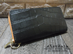 【カスタムオーダー品】ナイルクロコダイル(ブラック)×テンペスティ社製ヌメ革マイネ(オレンジ、イタリア産)ラウンドファスナー長財布／ウォレットホール付き